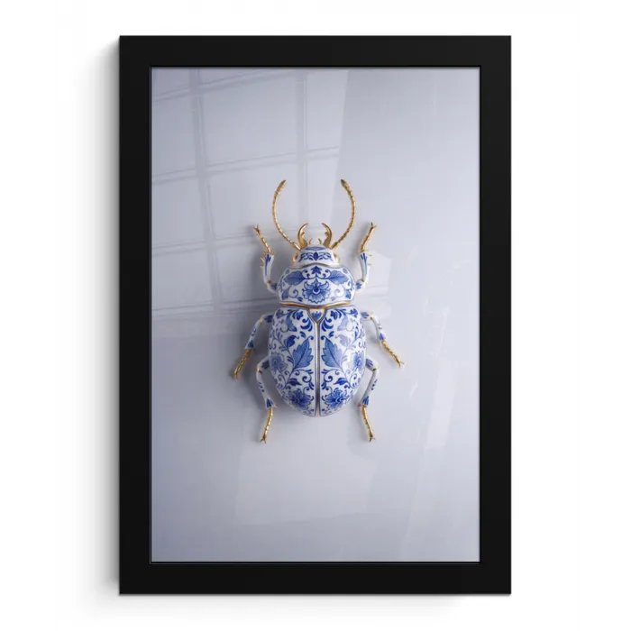 Kever - Delfts  - Blauw - Goud fotolijst zwart zonder passe partout klein -3d