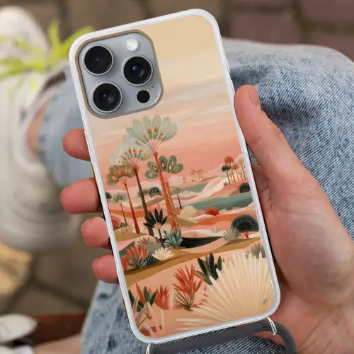 Roze landschap - Palmen - Water Hoesje iPhone 16 Pro Max met koord klein -sfeer3