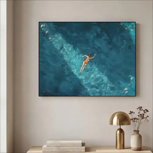 Vrouw - Water - Bikini - Oranje Textielframe - compleet frame klein -sfeer2