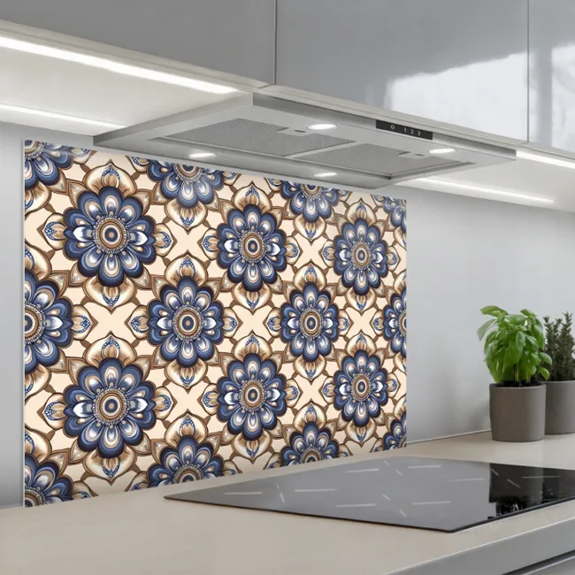 Spatscherm keuken - Floraal - Ornament - Blauw