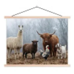 Boerderijdieren - Groep - Mist - Natuur - Rustiek textielposter latten blank klein -3d