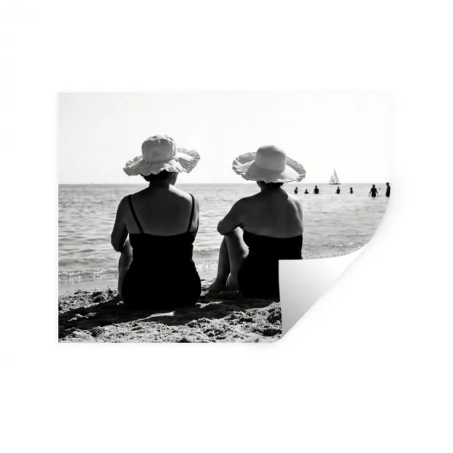 Muursticker - Vrouwen - Zonnehoed - Strand - Zwart - Wit
