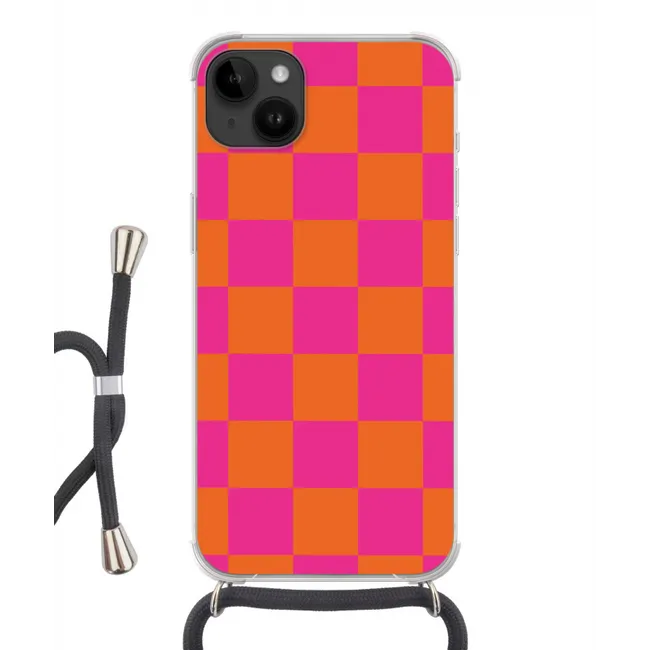 Telefoonhoesje met koord - Schaakbord print - Oranje - Roze - Blokjes