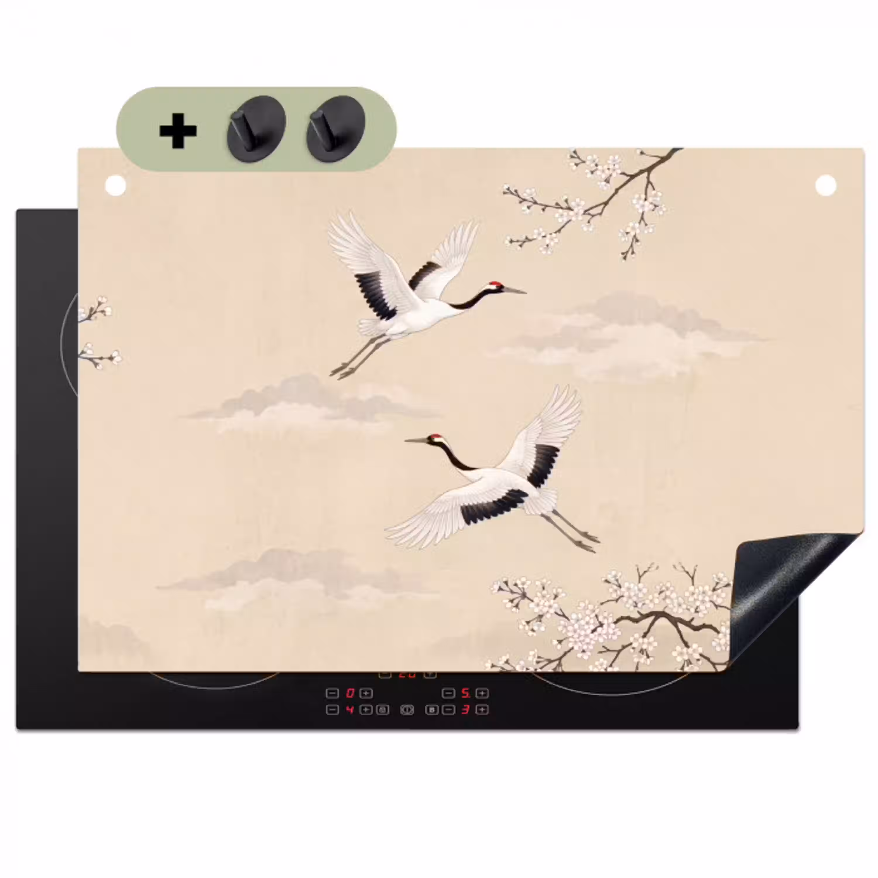 Kraanvogels - Bloesem - Beige Inductie beschemer met haakjes klein -3d