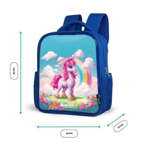 Vrolijke eenhoorn bij een regenboog Kinderrugzak - Blauw middel -productfoto_formaten