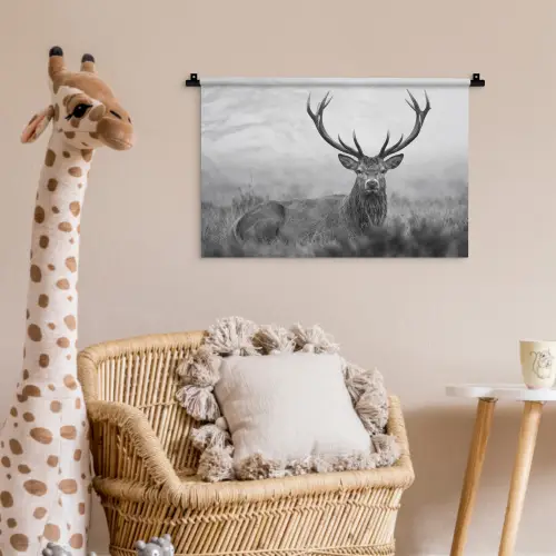 Hert - Mistig - Zwart - Wit Wandkleed katoen klein -wsfeer5_kind