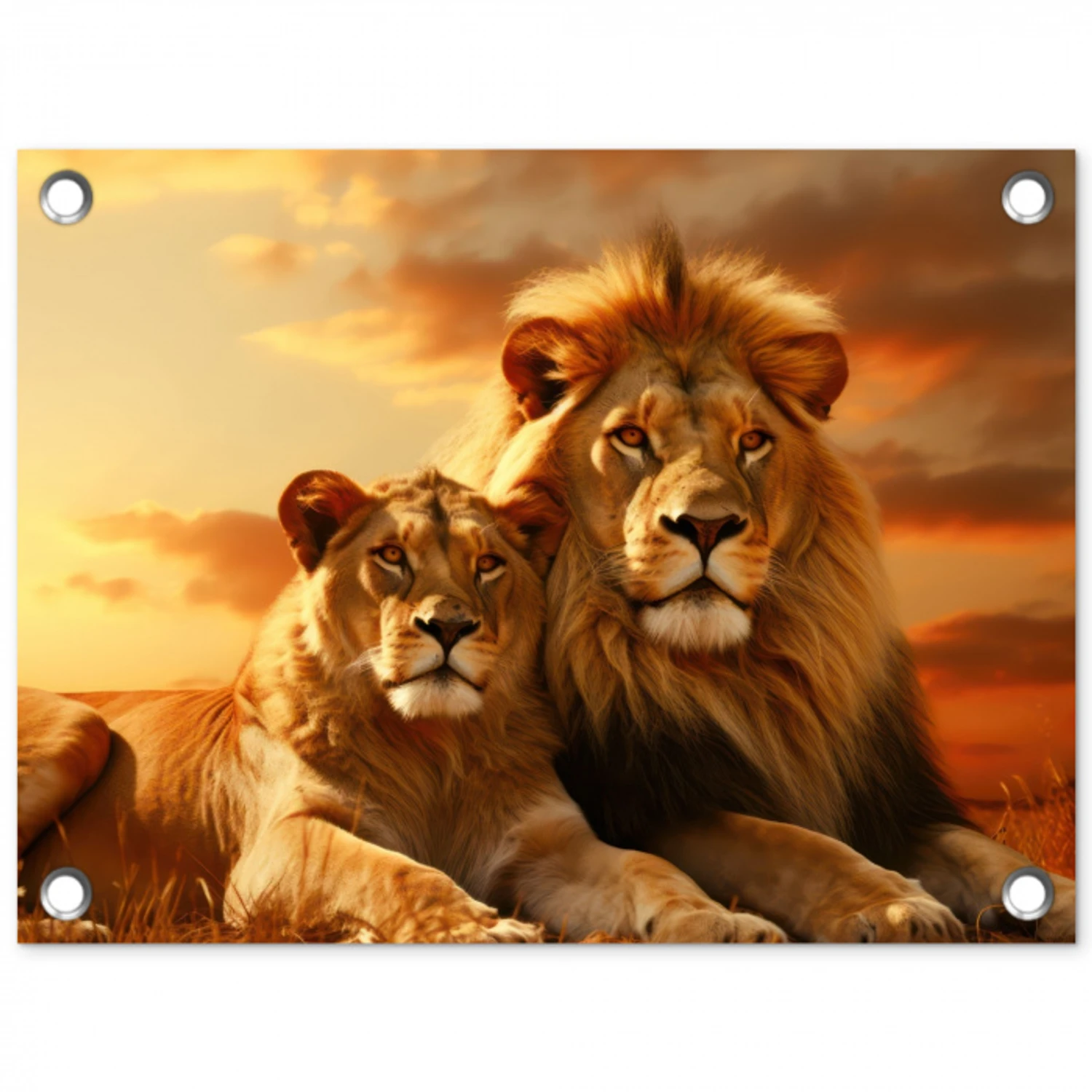 Leeuwenpaar bij zonsondergang tuinposter los doek klein -3d