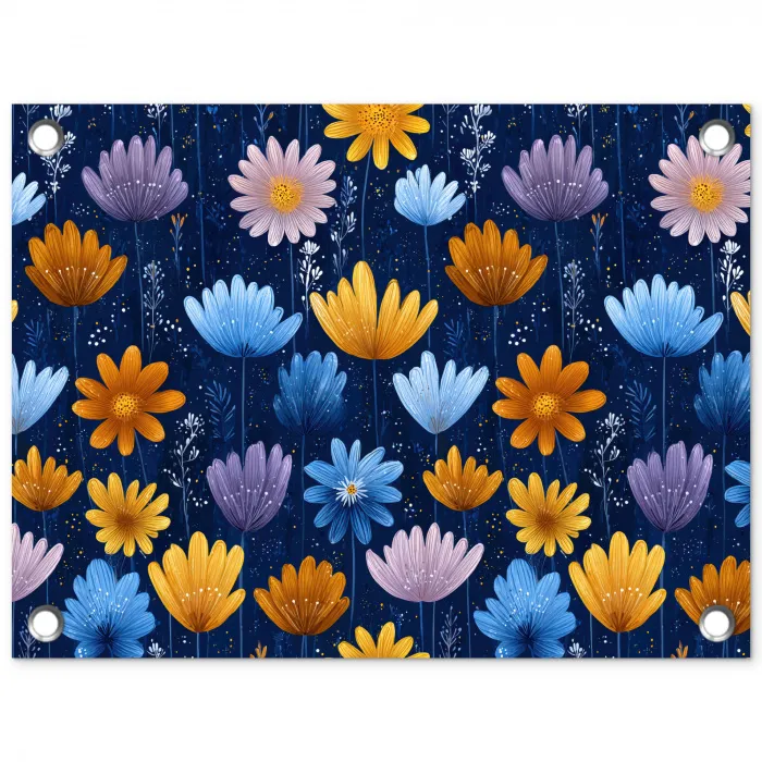 Bloemen - Patroon - Blauw - Contrast tuinposter los doek klein -3d