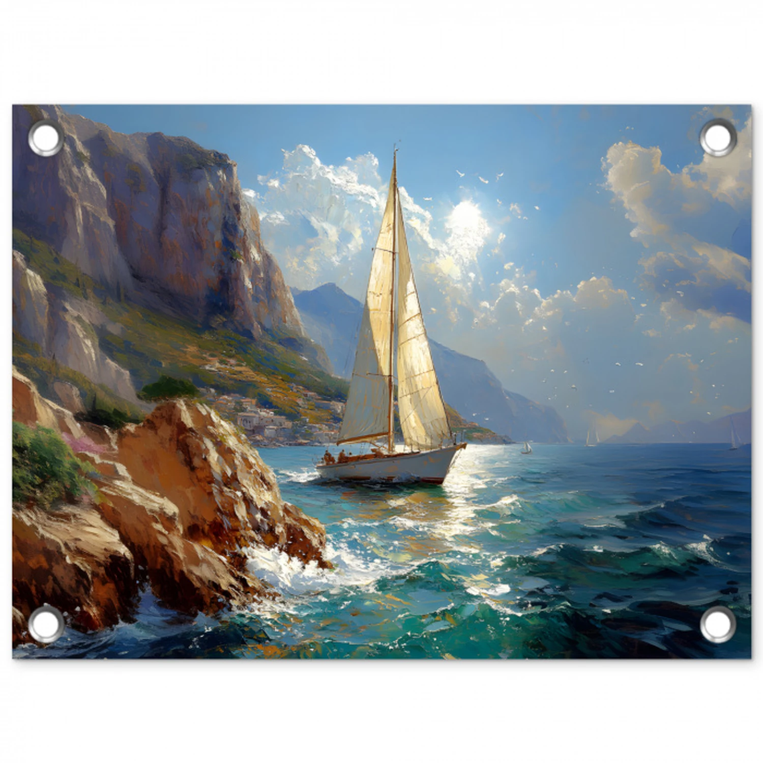 Zeilschip - Zee - Rotsen - Wolken tuinposter los doek klein -3d
