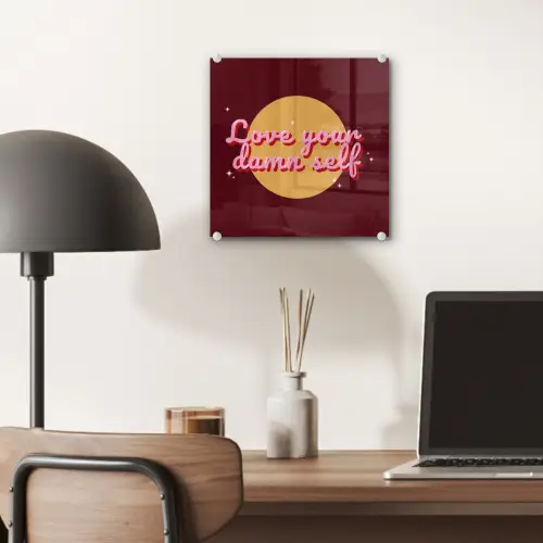 love your damn self - Cirkel - Glitter - Rood plexiglas 5mm klein -sfeer6