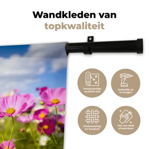 Bloemen - Wei - Paars - Gras - Wit - Wolken - Blauw Wandkleed katoen klein -sfeer2