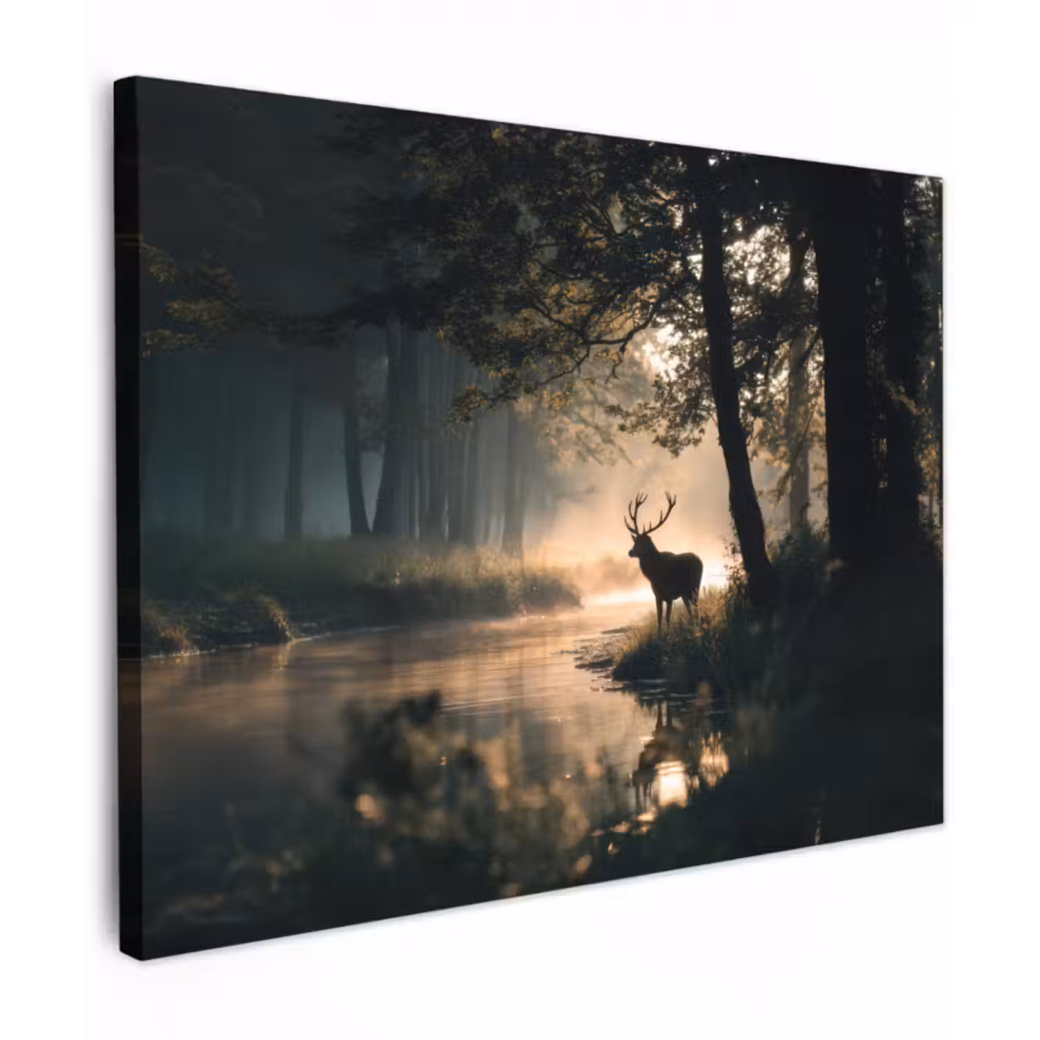 Leinwandbild - Hirsche - Waldbach - Mystisch