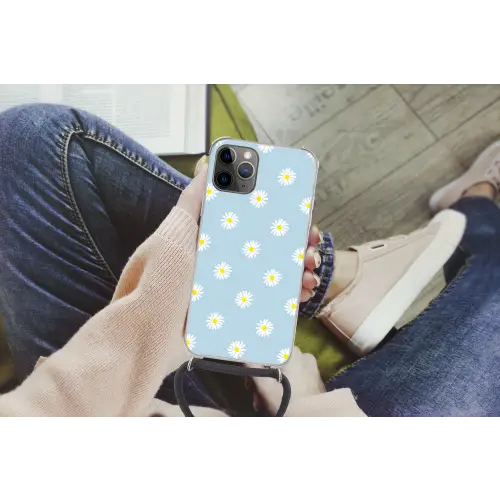Madeliefjes - Pastel - Wit - Blauw - Bloemen Hoesje iPhone 12 Pro met koord klein -hand