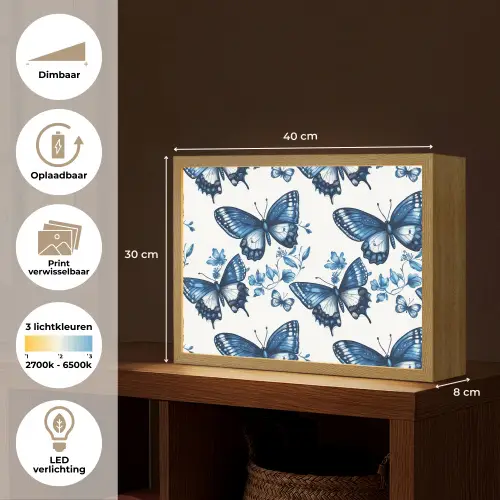 Blauw - Vlinders - Bloemen - Wit Light Box met batterij (Wandlamp) middel 907 -USP_websiteoverzichtNL