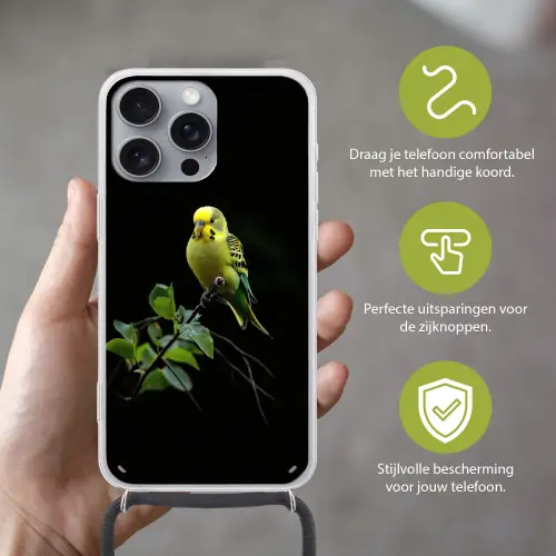 Parkiet - Tak - Bladeren - Geel Hoesje iPhone 16 Pro Max met koord klein -sfeer2_NL
