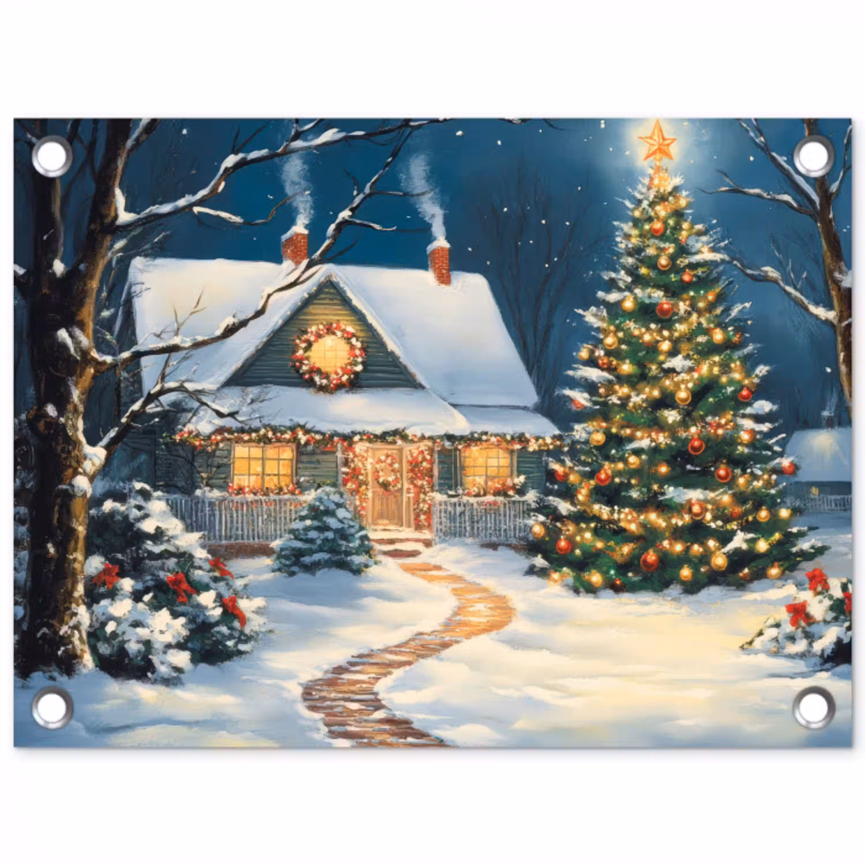 Kerst - Kerstboom - Winter - Huis - Sneeuw tuinposter los doek klein -3d