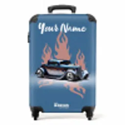Blauwe auto met roze vlammen NBS - Handbagage koffer - Kinderen Unisex middel -productfoto_recht