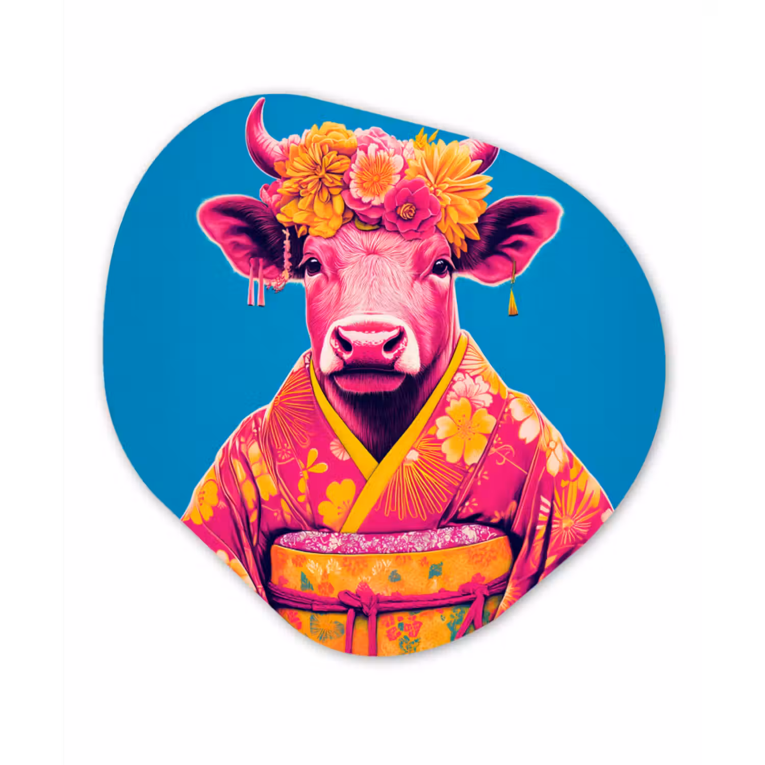 Organisch schilderij - Glas - Koe - Bloemenkrans - Oorhangers - Kimono