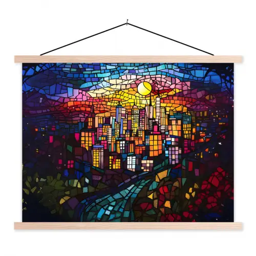 Stad - Maan - Mozaïek - Kleurrijk textielposter latten blank klein -3d
