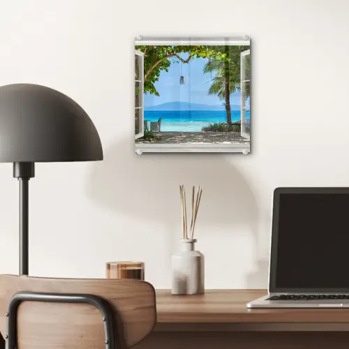 Doorkijk - Boom - Zee - Palmboom - Heuvels - Strand - Blauw plexiglas 5mm klein -sfeer6