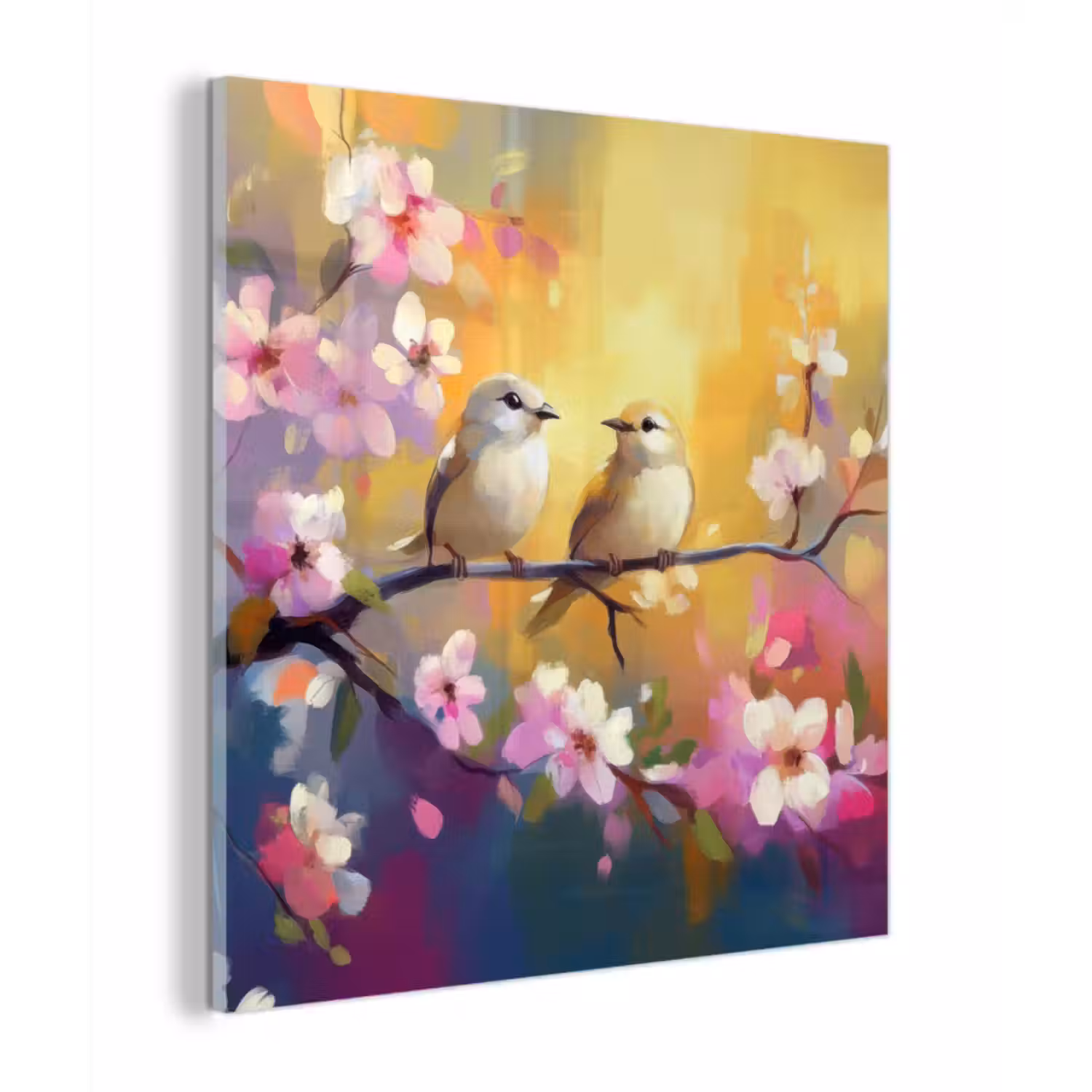 Glas schilderij - Vogels - Bloemen - Roze