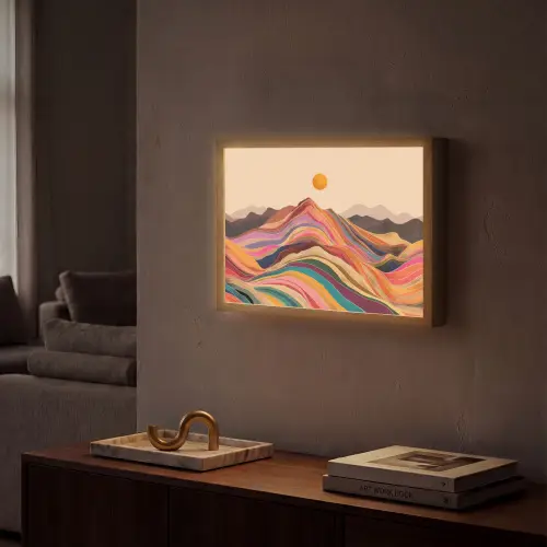 Zon - Kleurrijk landschap - Bergen Light Box met batterij (Wandlamp) middel -sfeer1