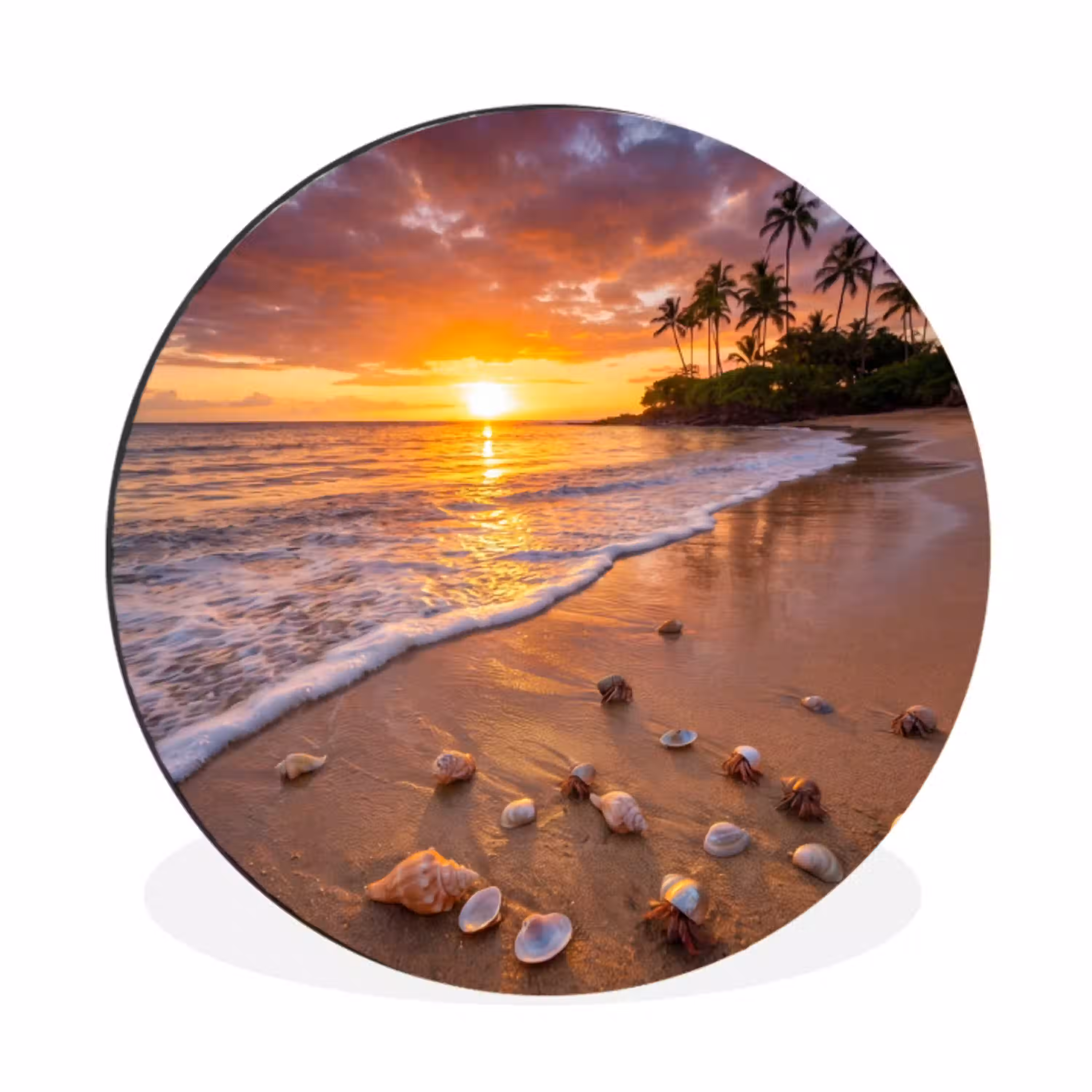 Strand - Zonsondergang - Palmbomen - Natuur - Oranje Wandcirkel aluminium klein -3d