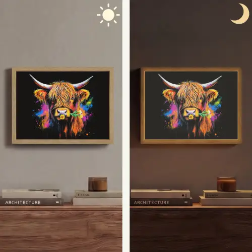 Schotse Hooglander - Graffiti - Kleurrijk - Bloem - Dieren Light Box met batterij (Wandlamp) middel -sfeer3