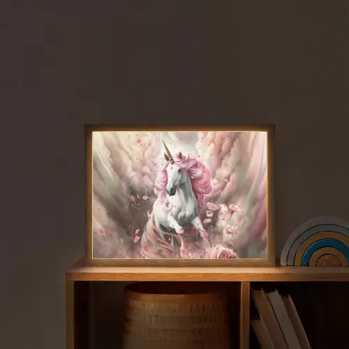 Eenhoorn - Meisje - Roze - Bloemen - Sprookje Light Box met batterij (Wandlamp kind) middel -sfeer1_kind