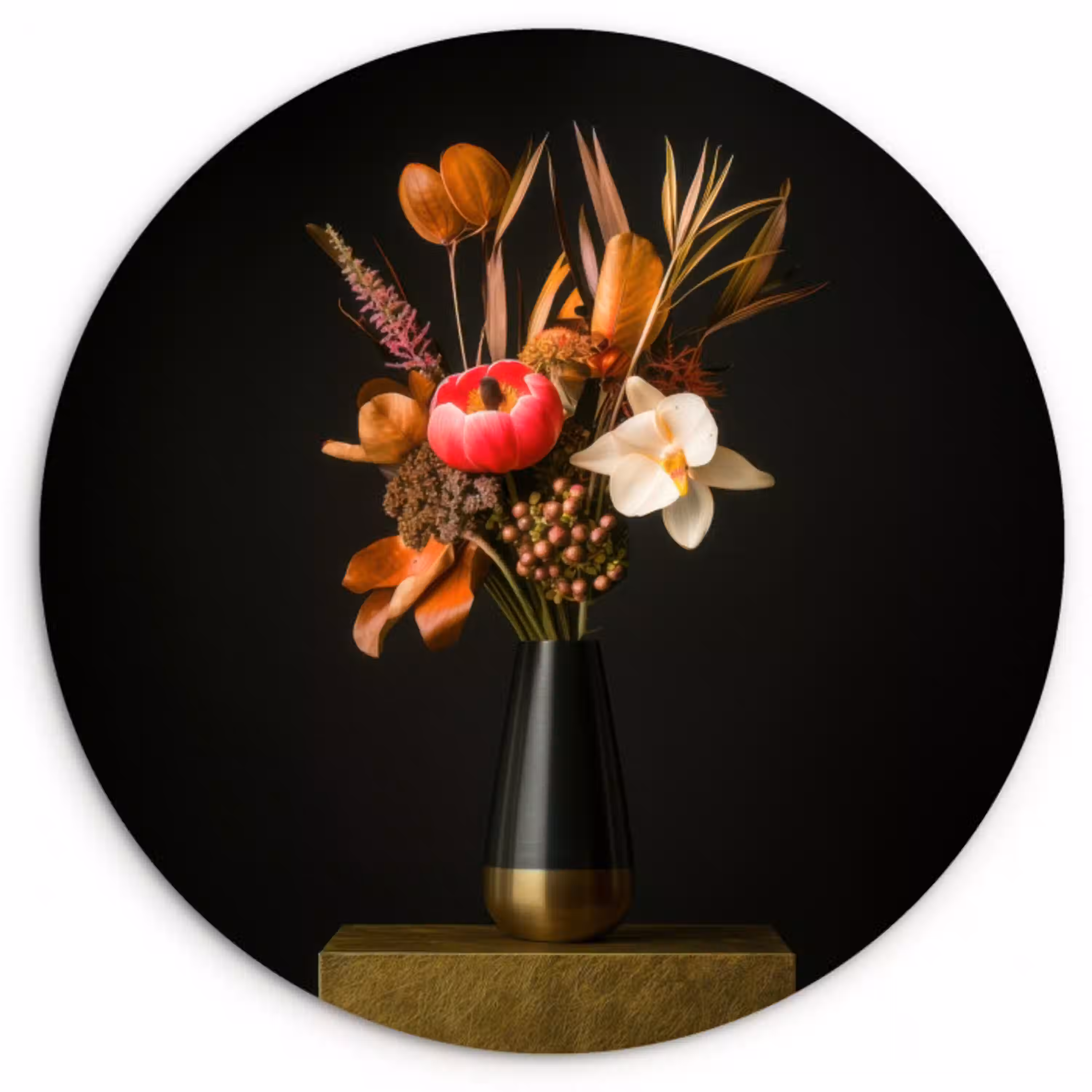Boeket - Oranje - Gouden - vaas Wandcirkel kunststof plaat 5mm dik klein -3d