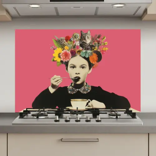 Meisje - Kopje - Bloemen - Roze keuken achterwand spatscherm klein -3d_website