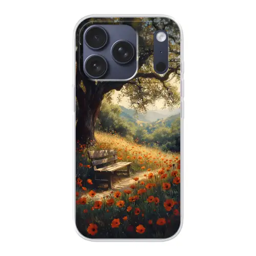 Bankje - Boom - Klaprozen - Heuvels Telefoonhoesje iPhone 17 Pro klein -3d
