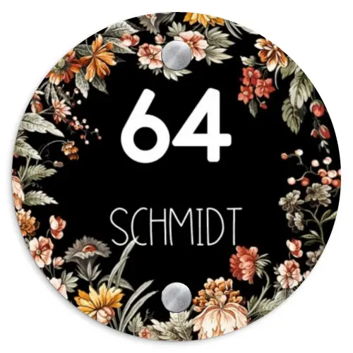 Bloemen - Zwart - Modern Naambord Rond klein -3d