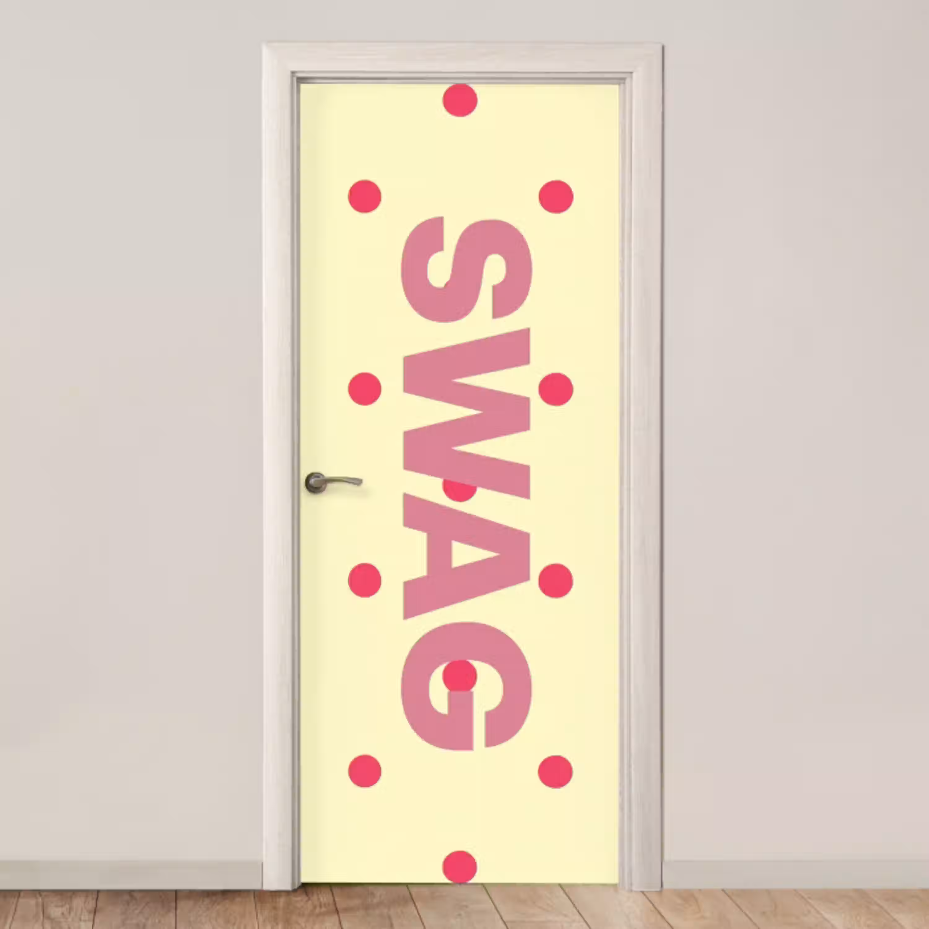 Swag - Roze - Stippen - Geel deurposter klein -3d_beige