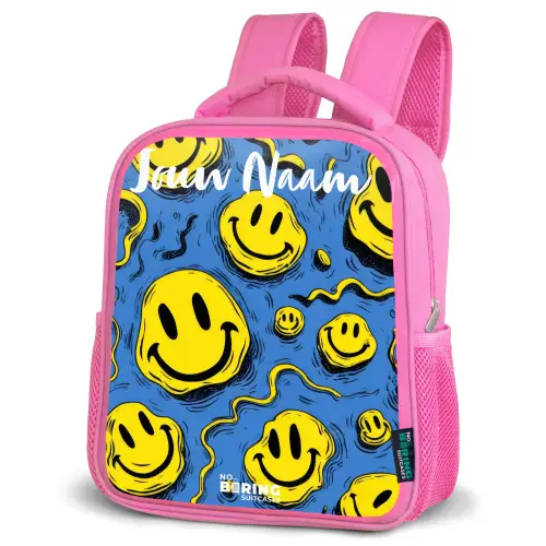 Smiley - Blauw - Geel Kinderrugzak - Roze middel -schuin