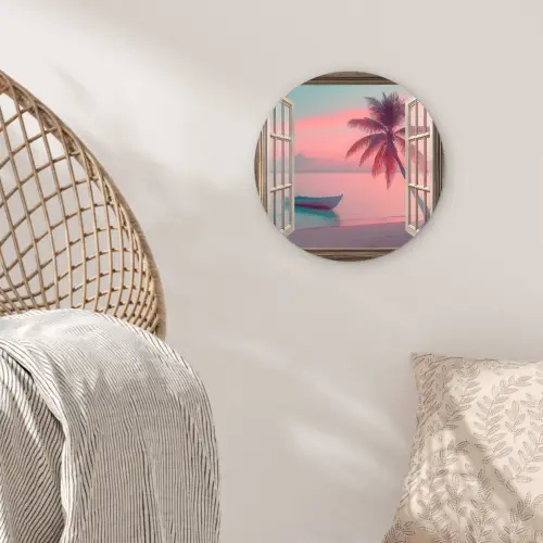 Doorkijk - Strand - Palmboom - Tropisch Wandcirkel plexiglas klein -sfeer5