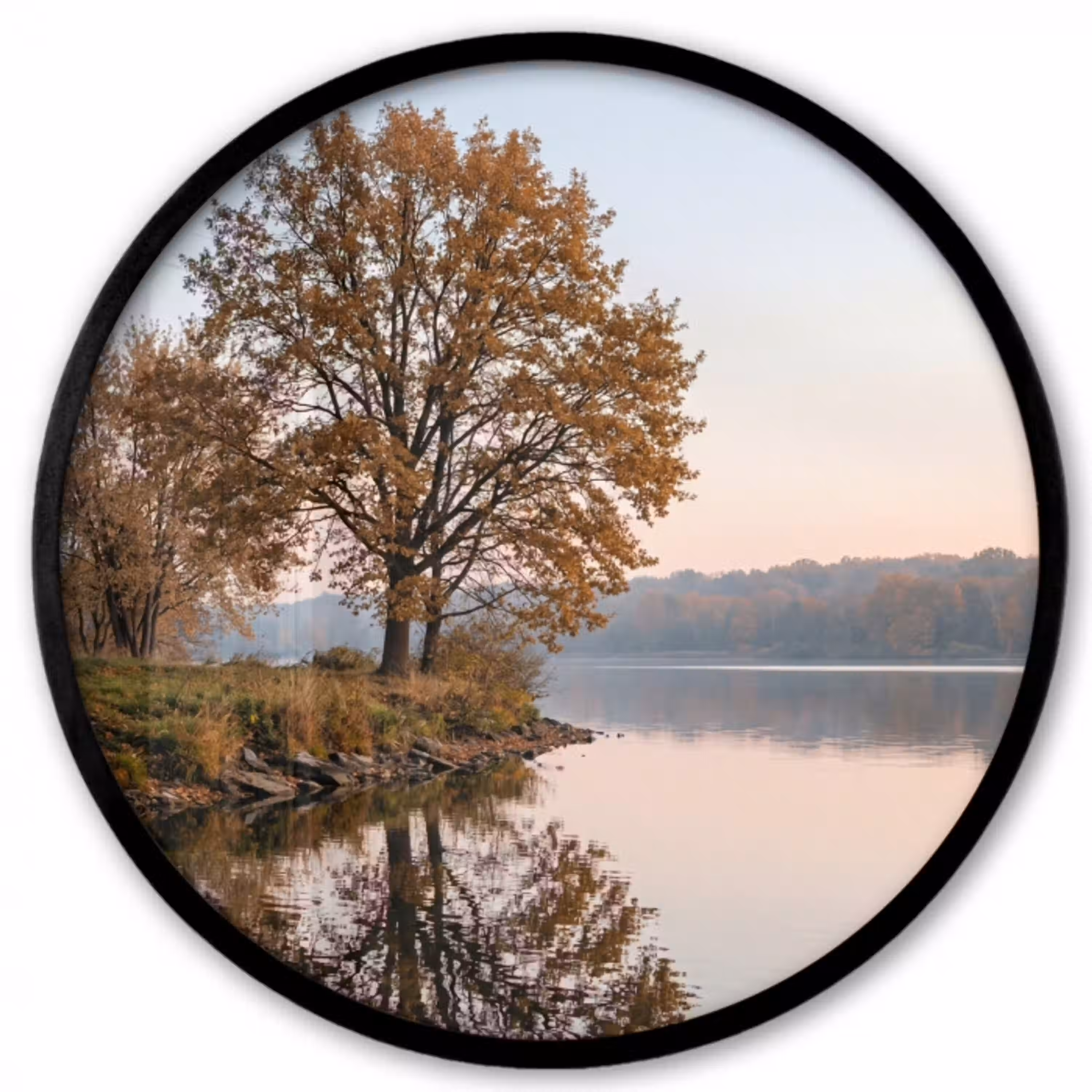 Bomen - Reflectie - Water - Zonsopgang - Serene Fotolijst rond zonder passe partout klein -3d