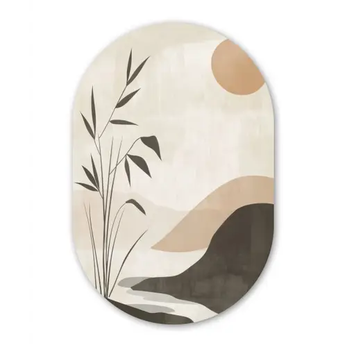 Japandi - Landschap - Beige Wandcirkel Ovaal Glas middel -3d