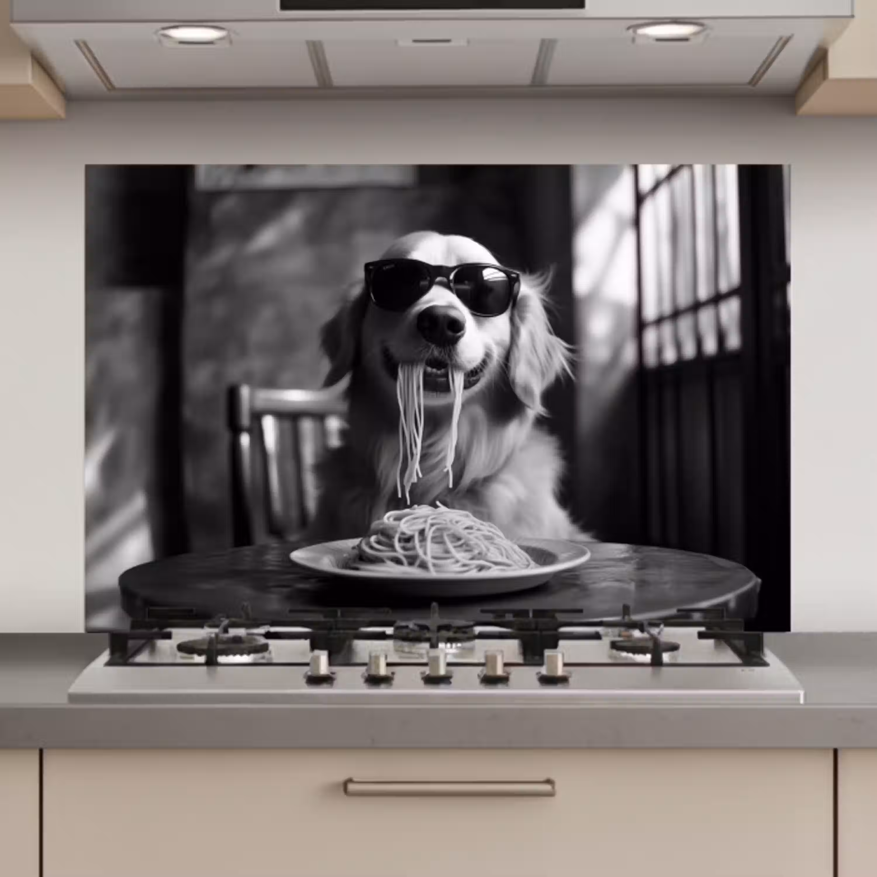 Golden Retriever - Hond - Vrolijk -  Bord spaghetti - Zwart - wit keuken achterwand spatscherm klein -3d_website