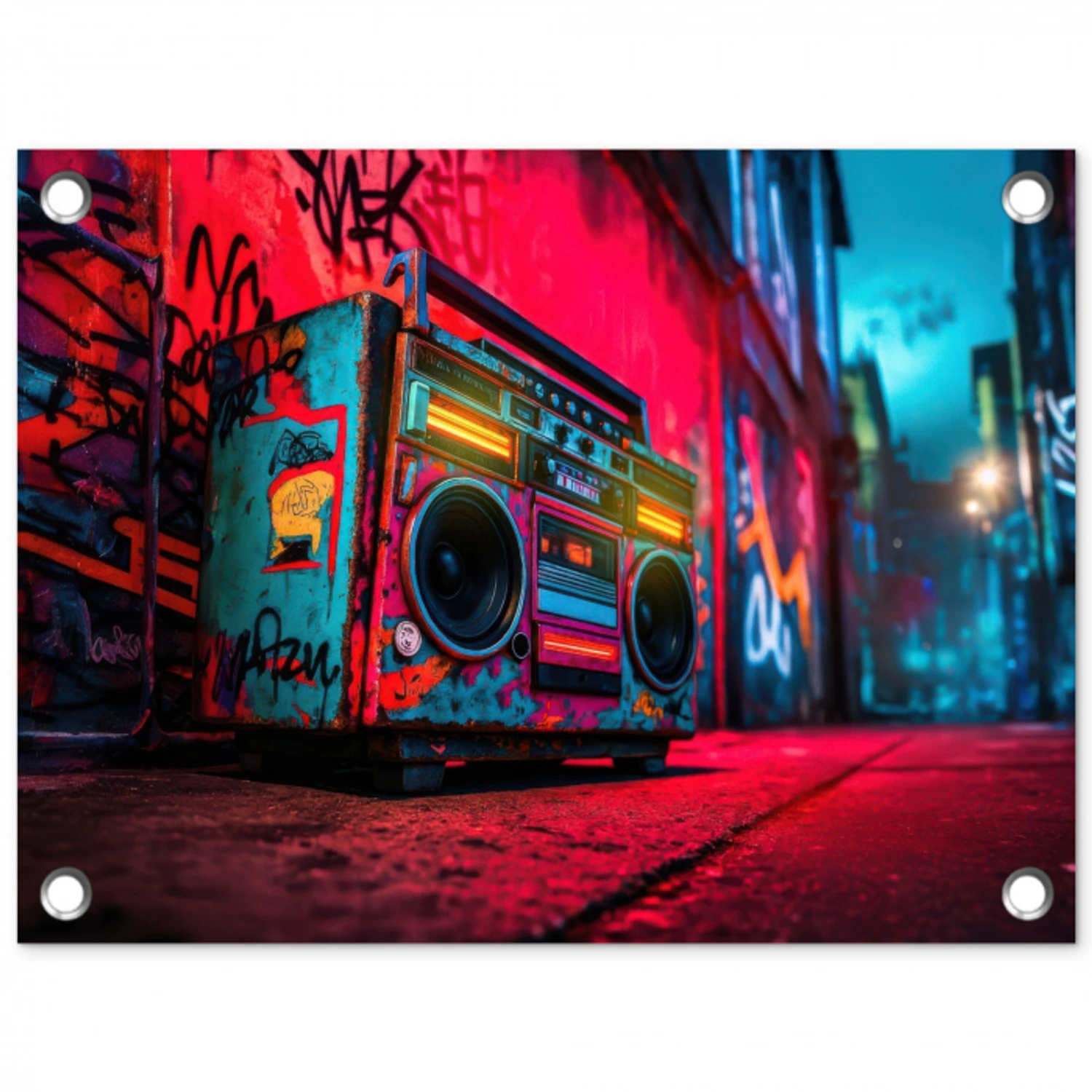 Boombox - Rood - Graffiti - Neon tuinposter los doek klein -3d