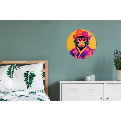 Aap - Kimono - Bloemen - Hoofdtooi Wandcirkel aluminium klein -slaapkamer