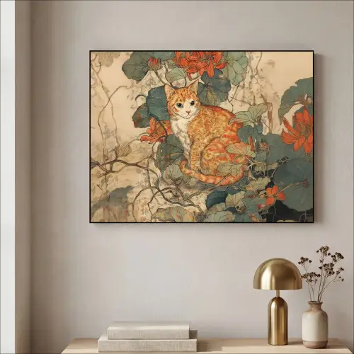 Kat - Sierlijk - Bloemen Textielframe zwart klein -sfeer2