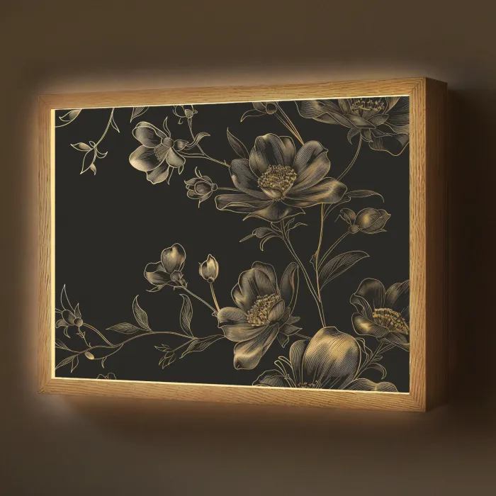 Bloemen - Zwart - Goud - Line art Light Box met batterij (Wandlamp) middel -z3d_website