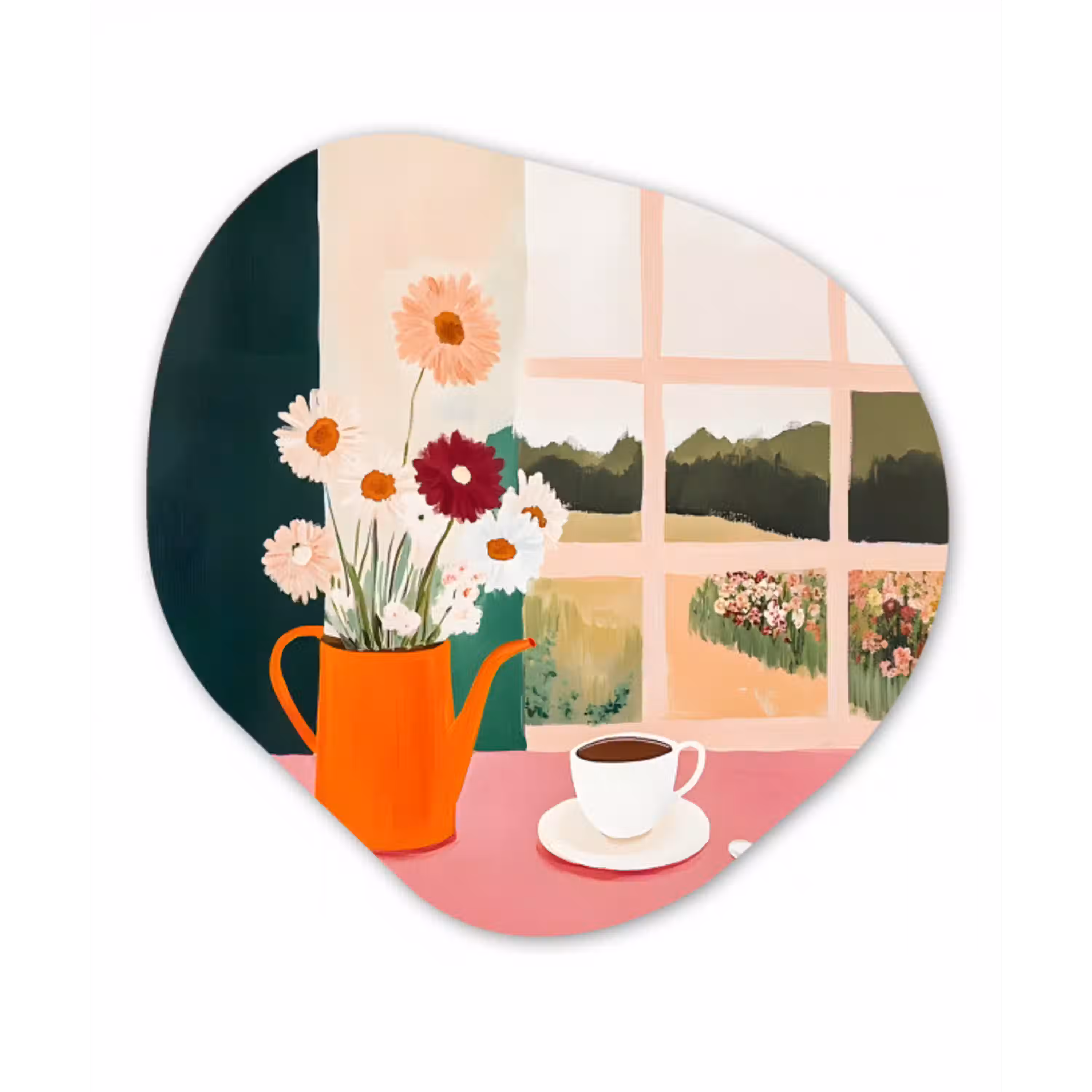 Bloemen - Koffie - Raam Wandcirkel Organisch Aluminium middel -3d