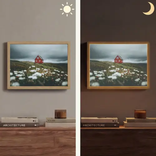 Heuvel - Huisje - Bloemen - Wit Light Box met batterij (Wandlamp) middel -sfeer3