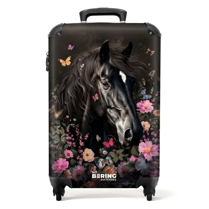 Zwart paard met witte bles en kleurrijke bloemen Koffer - NBS - Handbagage middel -productfoto_recht