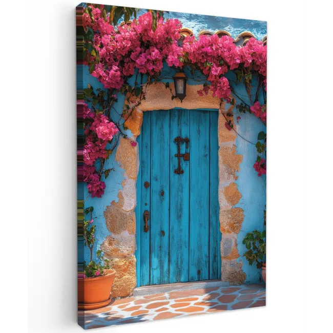 Deur - Hout - Bloemen - Blauw Tuinposter op houten frame 2 cm dik klein -3d