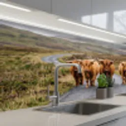 Schotse Hooglanders - Weg - Landschap - Kudde keuken achterwand 2 middel -3d_schuin