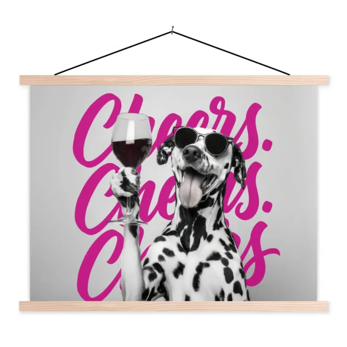 Cheers - Hond - Roze - Wijn textielposter latten blank klein -3d