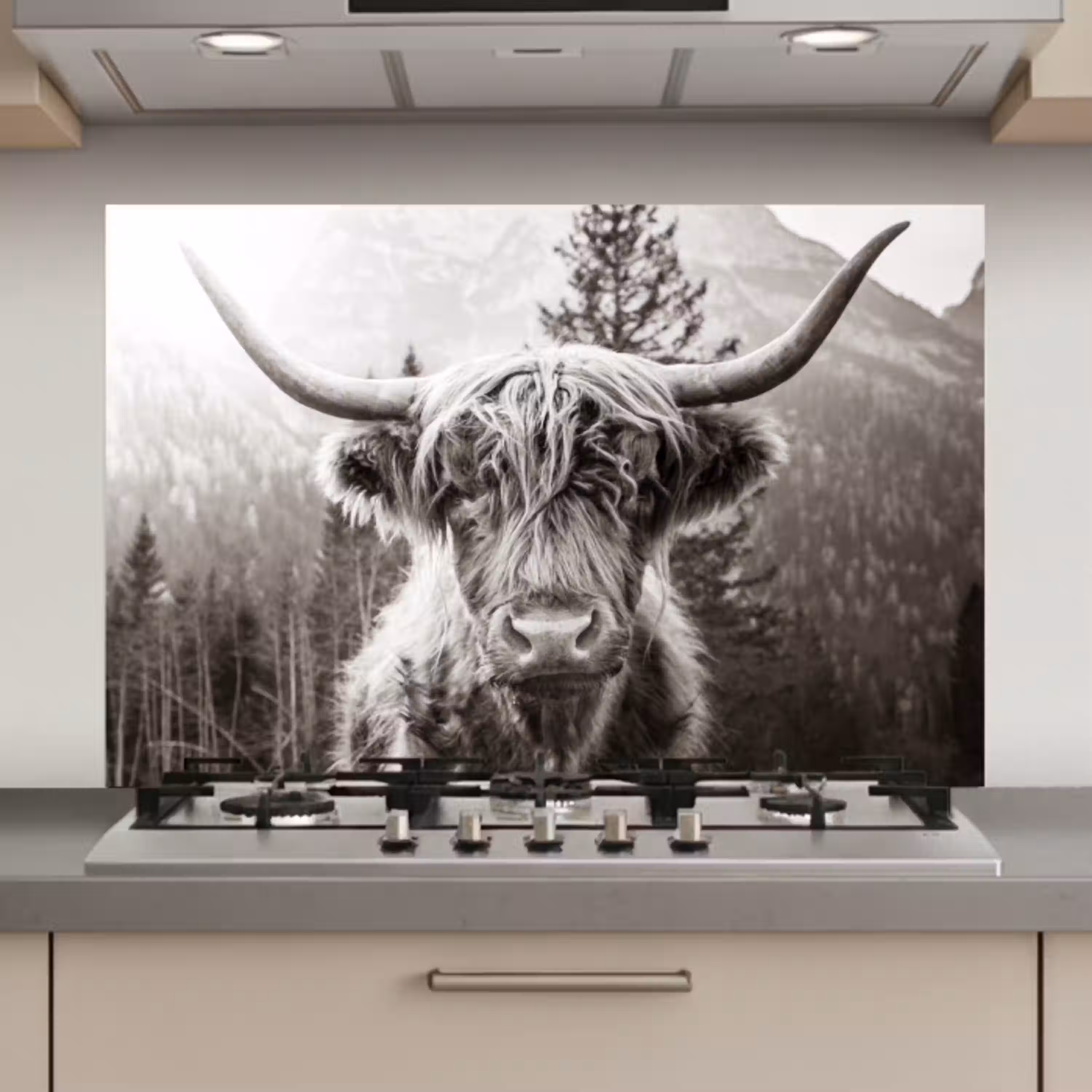 Schotse hooglander - Koe - Dieren - Zwart - Wit keuken achterwand spatscherm klein -3d_website